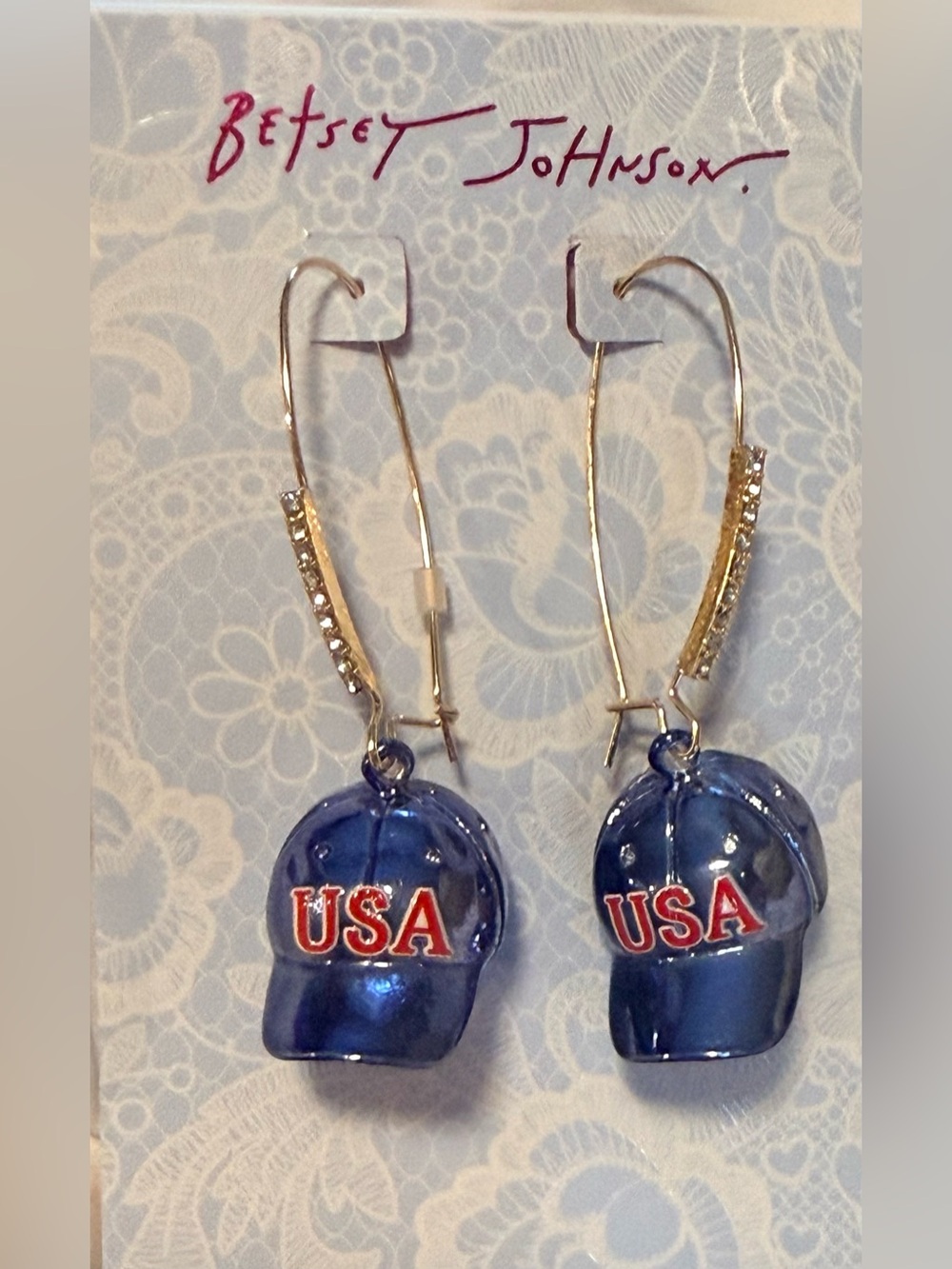 Betsey Johnson USA Baseball Cap Drop Earrings